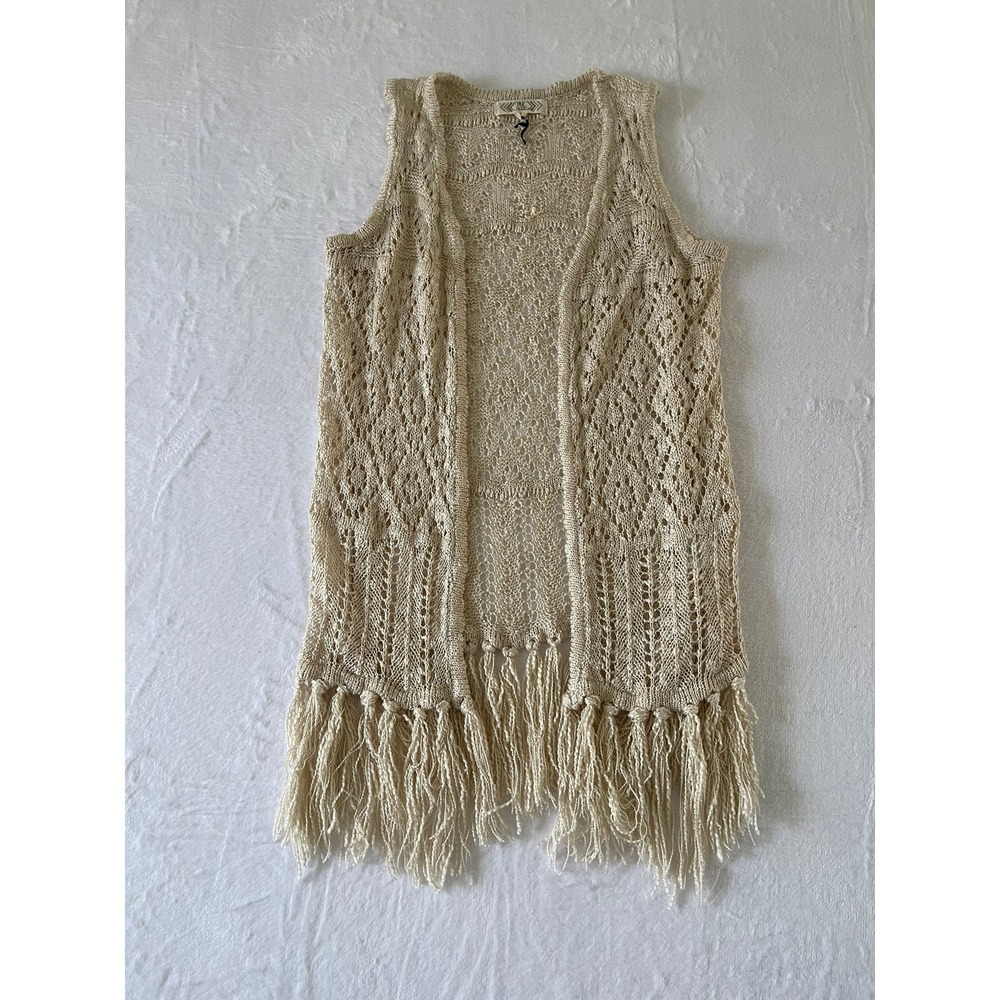Pink Rose Womens S Cream Crochet Knit Fringe Vest Open Front Boho Festival